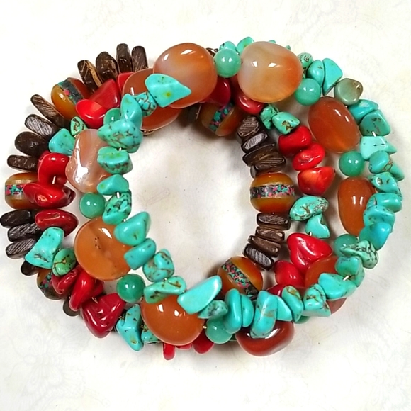 Hand Crafted Boho Tibetan Agate, Turquoise and Amber Wrap Bracelet - Picture 5 of 16